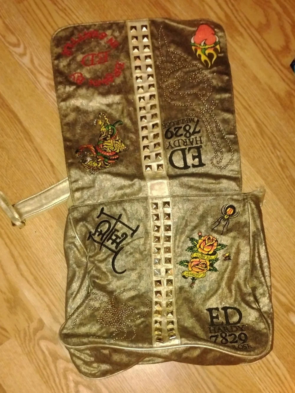 Vintage Ed Hardy Gold Studded Messenger Bag NEEDS REPAIR
